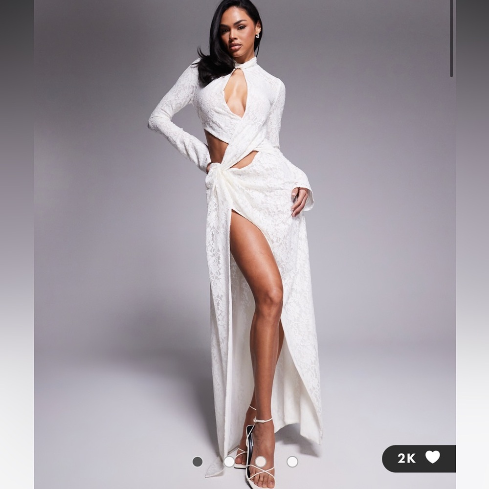 Murci - exclusive lace high neck keyhole detail thigh split maxi dress in